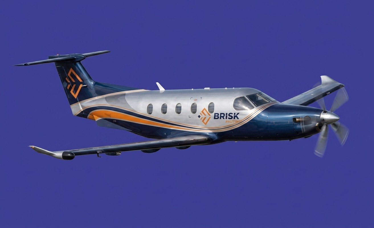 Pilatus con Logo Brisk volando - fondo azul